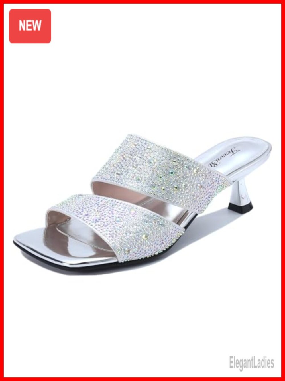 Rhinestone Kitten Heel Sandals Square Open Toe Double Strap Slides Party